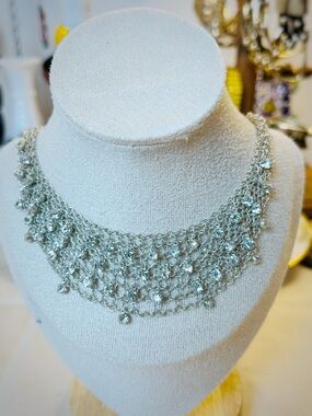 Silver-toned mesh bib statement necklace, rhinestones Event
